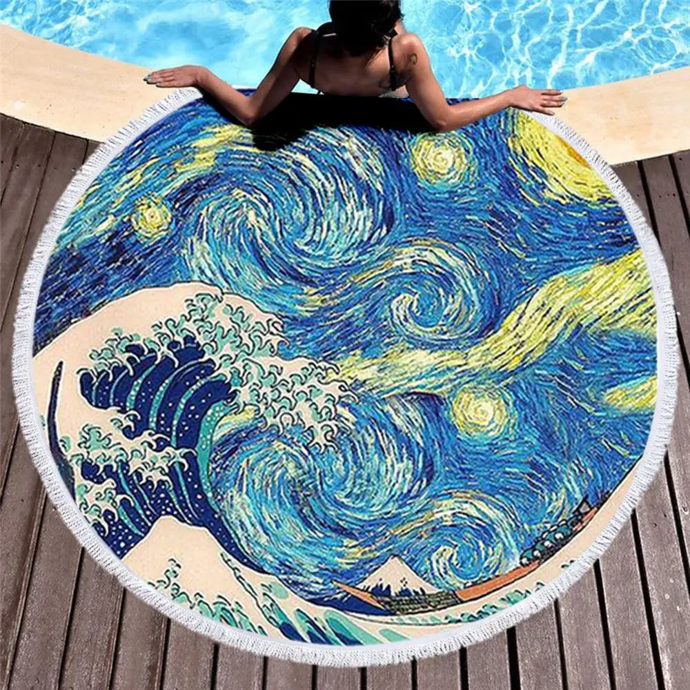 Круглый пляжное полотенце с кисточкой японские Знаменитые Картины большая волна