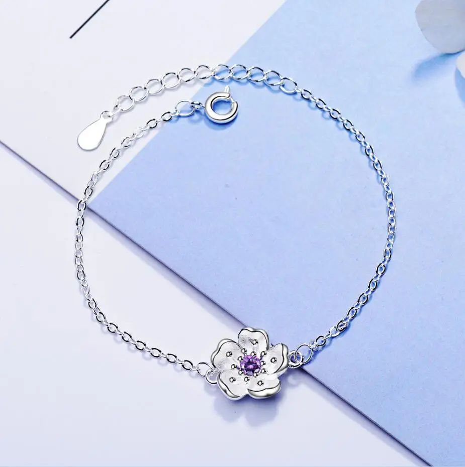 Purple 925 серебряные женские модели цветок браслеты прозрачный австрийский кристалл сливы Дизайн цепочка из звеньев с шармом ювелирные изделия для женщин леди подарок - Цвет камня: Purple
