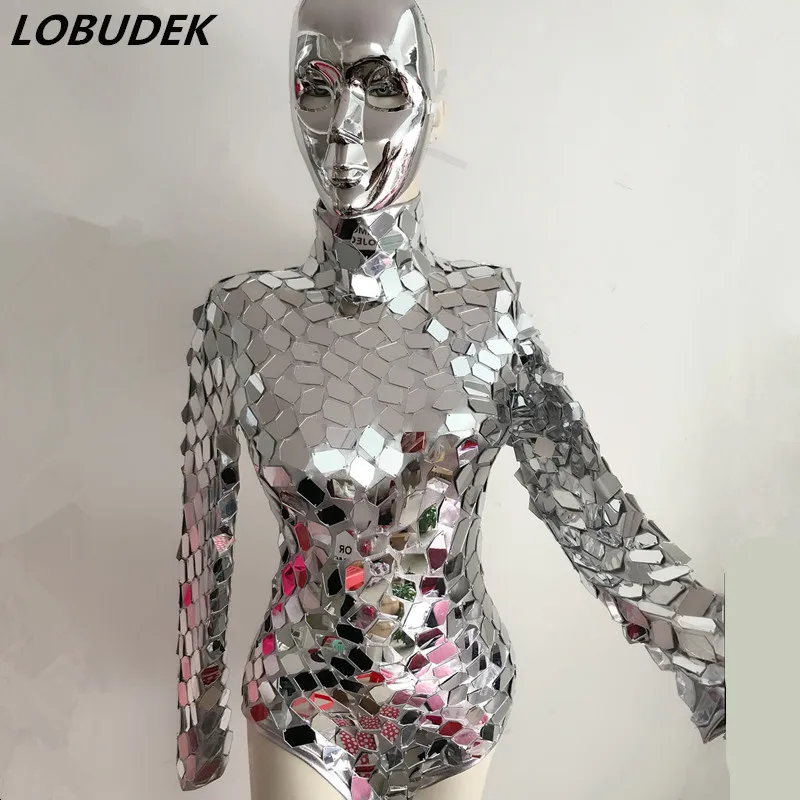 Shining Sequins Bodysuit Machine Dance Costume Silvery Mirrors Leotard Jumpsuit Lady Jazz Dance Wear Club DJ Singer Stage Outfit