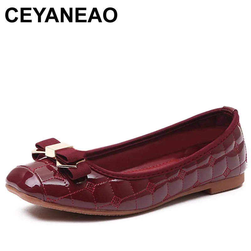 

CEYANEAO Elegant Bowtie Patent Leather Flats Women Boat Shoes Casual Flat Heel Brand Shoes Womens Flats Soft Design Plus Size