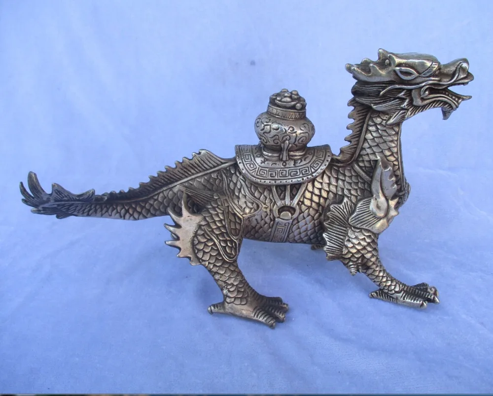 Коллекционная Оформлен Старый Ручная Тибет Серебряные Резные Лаки Дракон