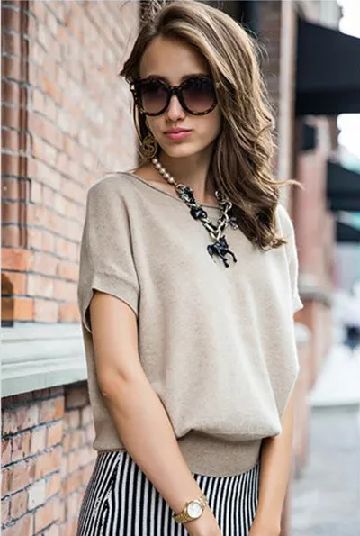 Женский кашемировый пуловер с круглым вырезом коротким рукавом летучая мышь |