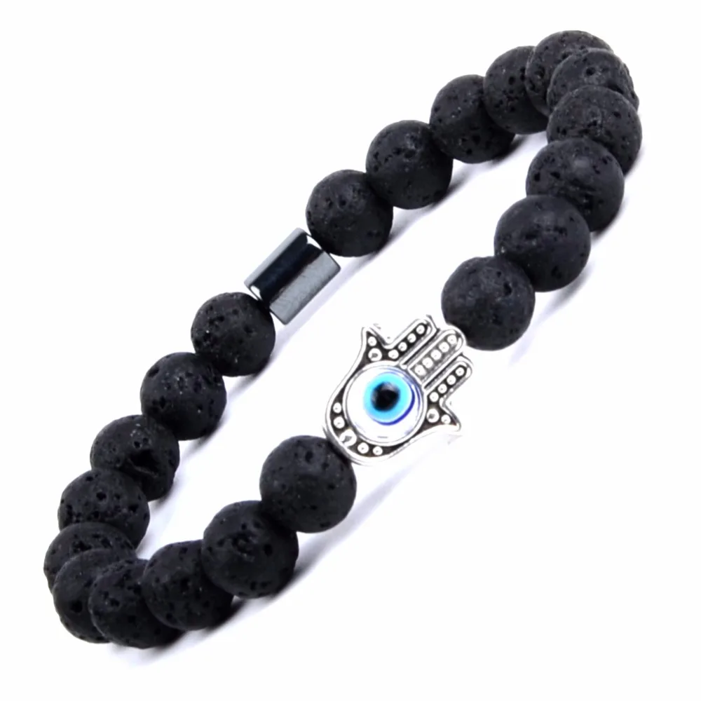 Vintage Fatima Hand Charm Bracelets Bangles For Women Jewelry Natural Black Lava Agates Beads Bracelet Wristband Men Accessories | Украшения