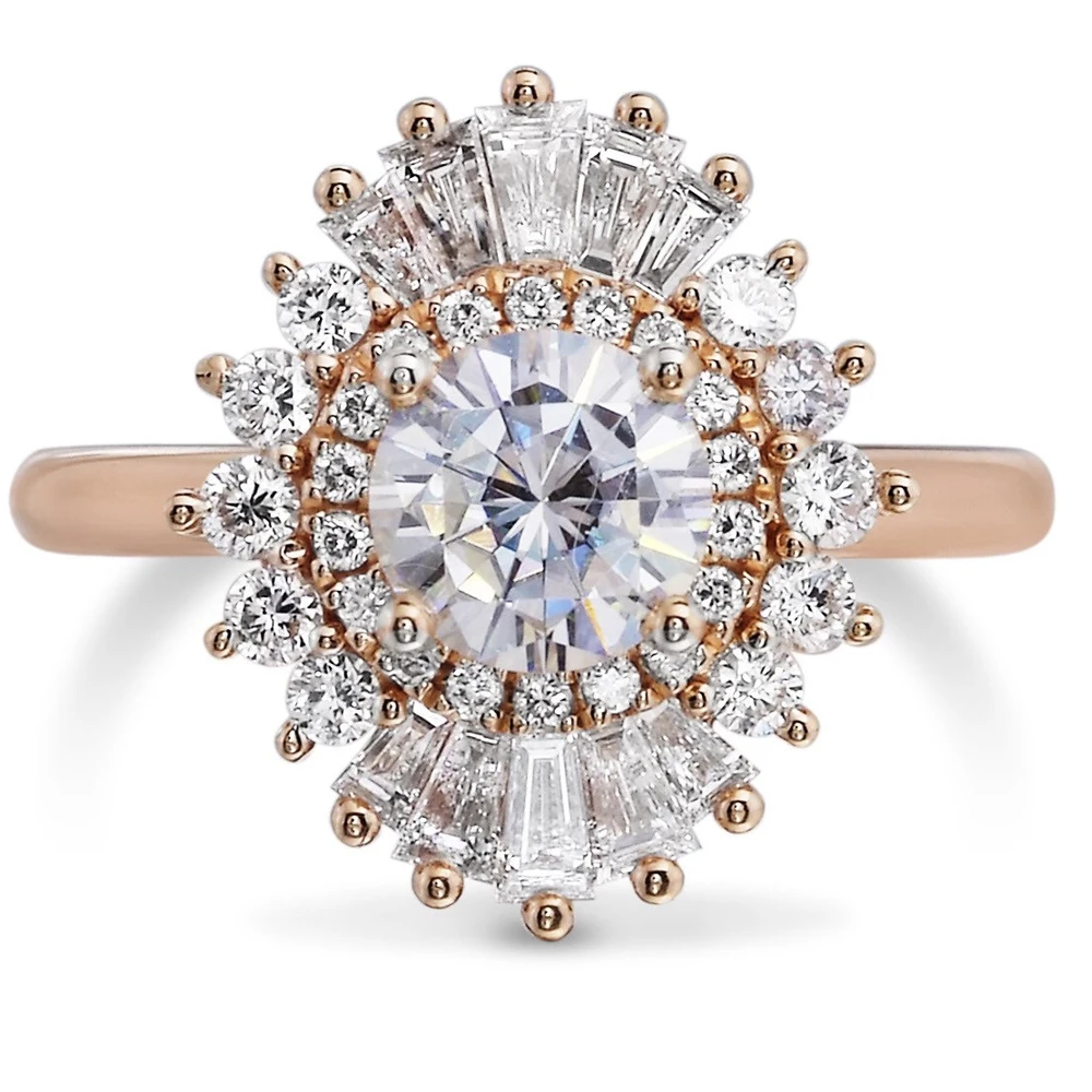 

Кольцо для помолвки с круглыми бриллиантами Moissanite, 1,00 Карат, 6,5 мм, с роскошным боковым камнем Halo Solid, 14k, розовое золото