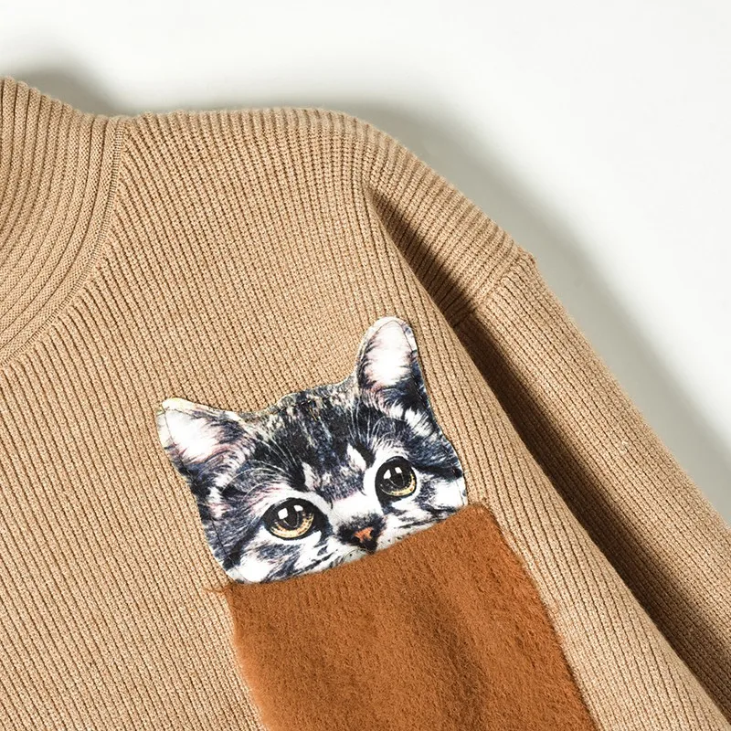 2018 Winter Pocket Cat Thick Turtleneck Sweater Womens Full Sleeve Warm Knit Female Fashion Causal Loose Pullover Tops | Женская одежда