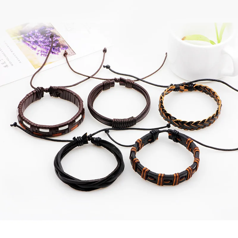 5pcs/set hippie punk black brown orange braiding leather band cord wrap multi layers bracelets bangles set for man | Украшения и