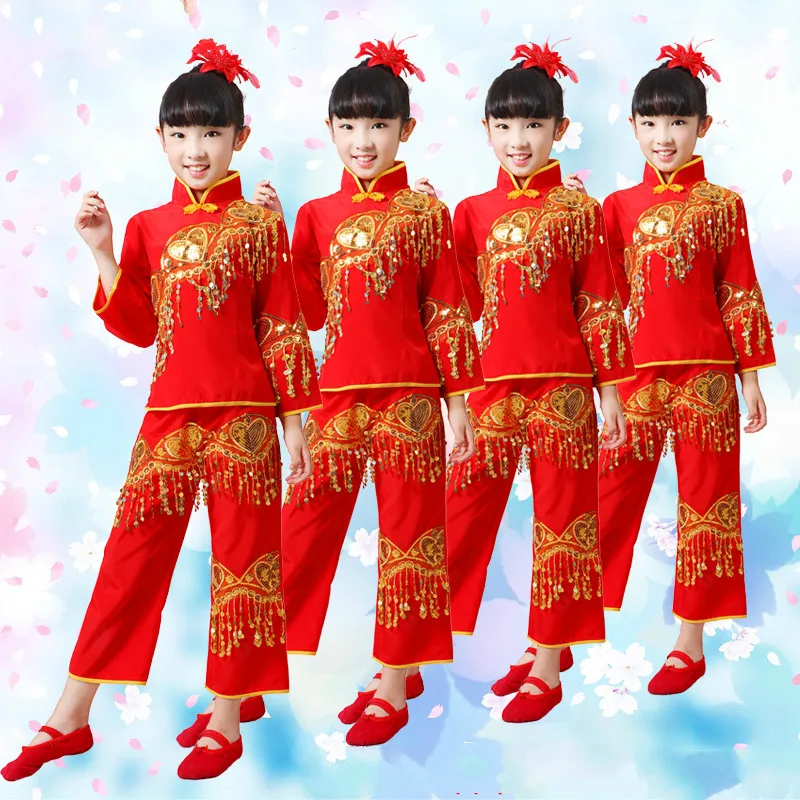 

Dance Suit for Girls Red Chinese Folk Dance Costumes Children Fan Yangko Classical Dance Stage Performance Clothing