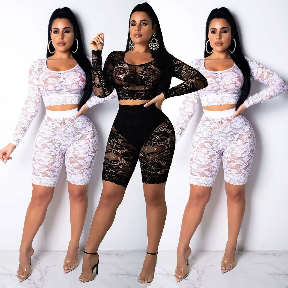 Сексуальный женский комплект из 2 предметов кружевной ажурный укороченный топ