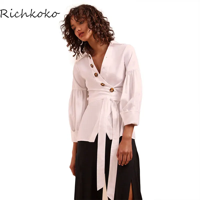 Richkoko Осенние Топы для женщин 2018 белый кимоно асимметричный низ епископ рукава