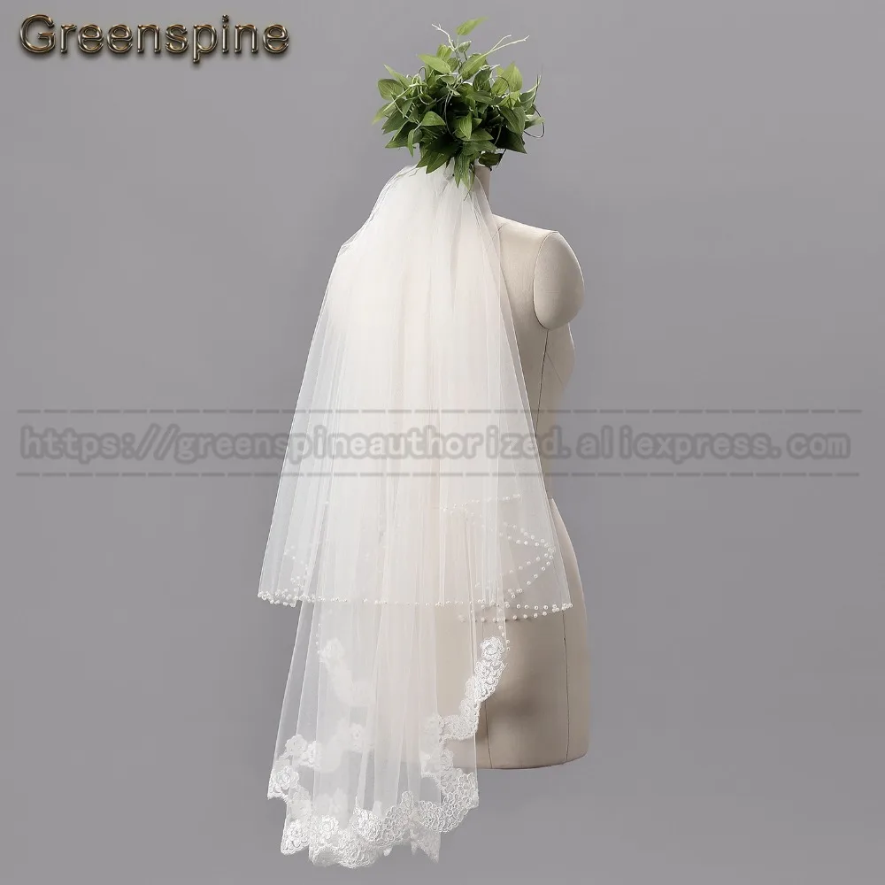 Greenspine Лидер продаж 90 см длина Романтический недорогой Свадебный вуали двухслойный белый белоснежные свадебные вуали кружева вуали с каймой Бисероплетение вуаль