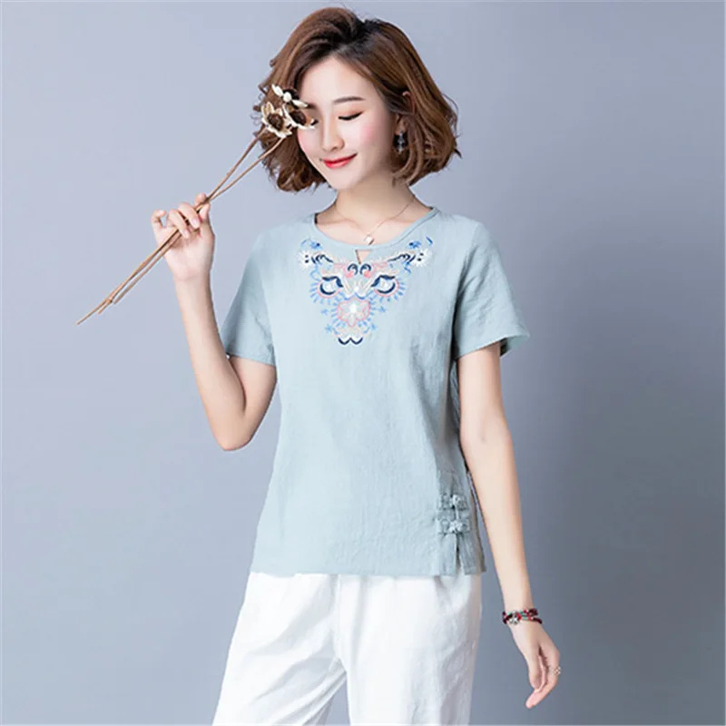 2019 модные летние женские льняные рубашки с коротким рукавом футболки круглым