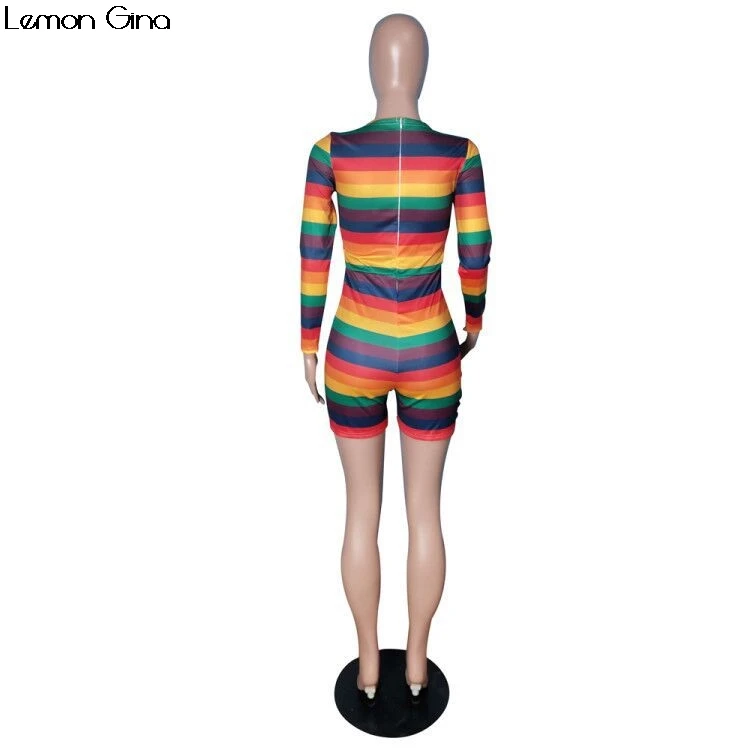 Женский Облегающий комбинезон обтягивающий в разноцветную полоску с длинным