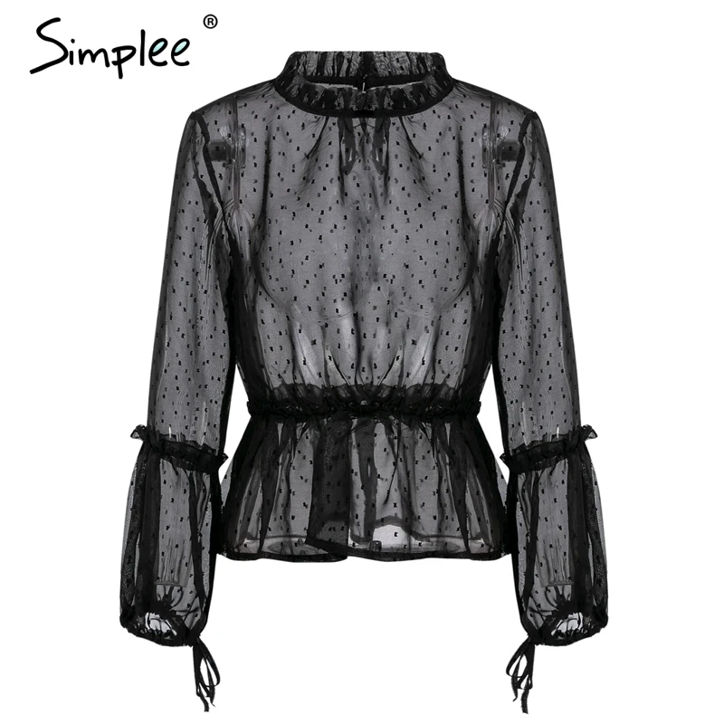 Simplee Vintage embroidery lace chiffon women blouses Plus size sexy transparent lantern sleeve shirts Autumn black casual tops |