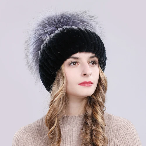 color 7 Outdoor Women Warm Soft Genuine Rex Rabbit Fur Hat Knitted Natural Real Sliver Fox Fur Caps Winter Real Rabbit Fur Beanies Hats - Цвет: color 7