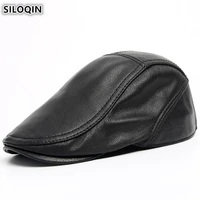 siloqin adjustable head size mens genuine leather hats new natural sheepskin berets hat middle aged dads brand warm tongue cap
