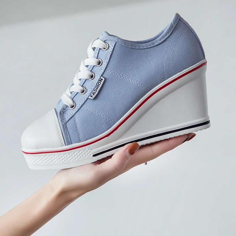 Прямая поставка 2019 г. женская парусиновая обувь на танкетке со шнуровкой Низкие
