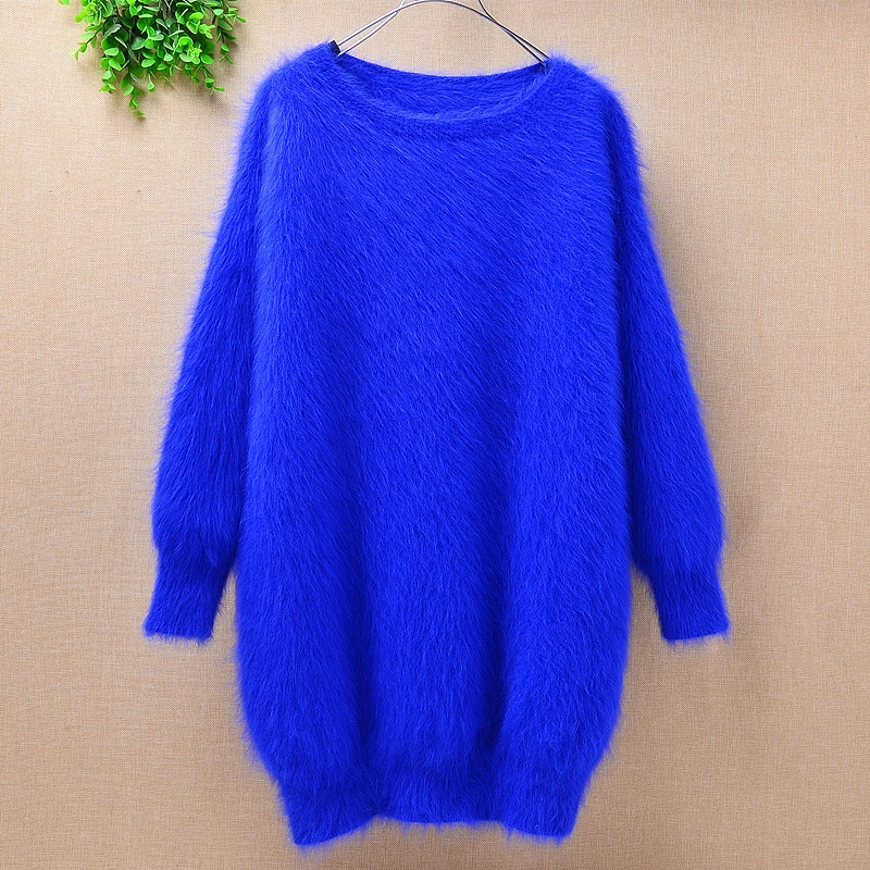 Ladies women medium long genuine mink cashmere o-neck loose fluffy angora rabbit fur hand knitted pullover sweater dress | Женская