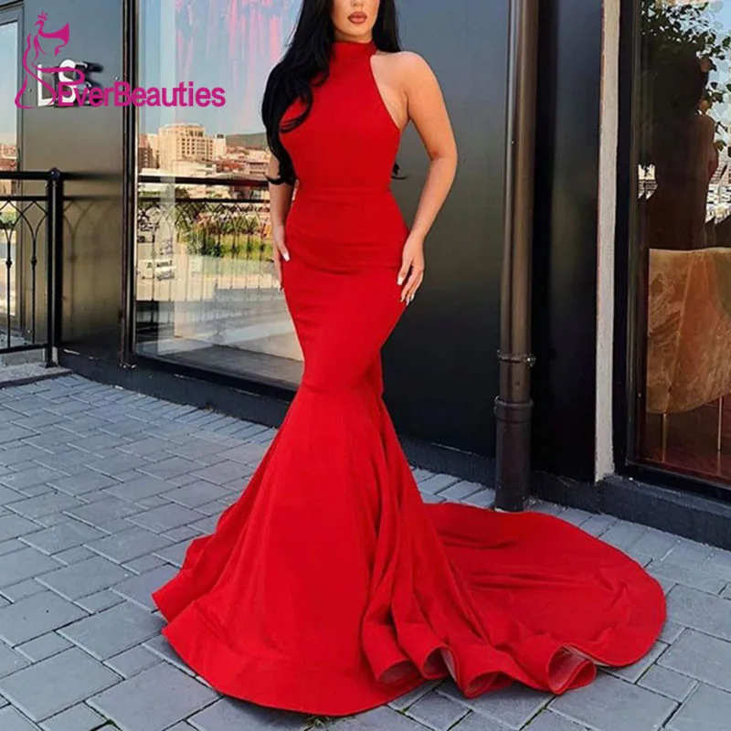

Long Mermaid Evening Dresses Satin Robe De Soiree 2020 Halter Neck Evening Party Dresses Formal Dress