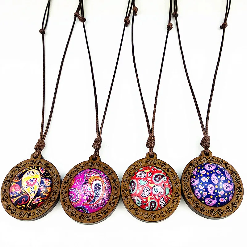 

24pcs Cashew Flower Mandala Dome Glass Wood Pendant Necklaces Women girl Necklaces Wax Rope Chain DIY Jewelry best gift
