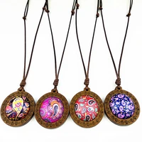 24pcs cashew flower mandala dome glass wood pendant necklaces women girl necklaces wax rope chain diy jewelry best gift