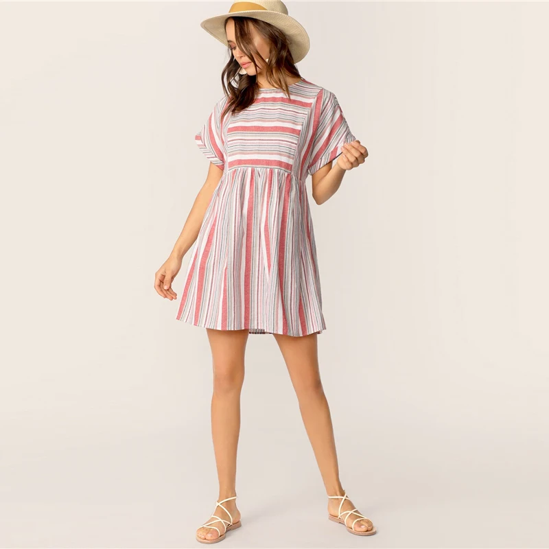 SHEIN Контрастное Полосатое Платье С Оригинальным Рукавом Женское Летнее Многоцветное Платье С Короткими Рукавами И Круглым Вырезом