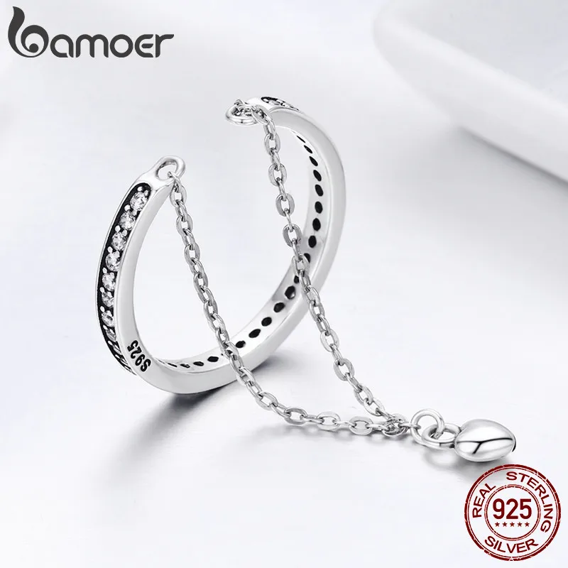 BAMOER, высокое качество, 925 пробы, серебряное, штабелируемое, прозрачное, CZ, цепочка в виде сердца, Двухслойное кольцо для женщин, свадебные ювелирные изделия SCR291