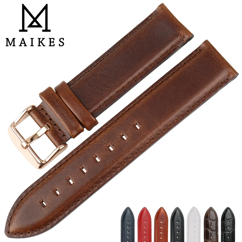 MAIKES Genuine Leather Watchband Silver & Roes Gold Buckle for 12mm 16mm 18mm 20mm Luxury Replace Bracelet Strap