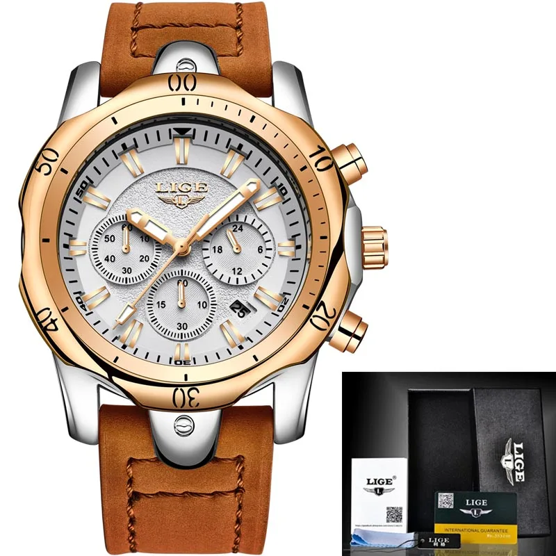 l silver rose gold Relojes Hombre, новинка, кварцевые наручные часы LIGE, мужские часы с большим циферблатом, золотые, черные, кожаные часы, мужские спортивные водонепроницаемые часы с хронографом - Цвет: l silver rose gold