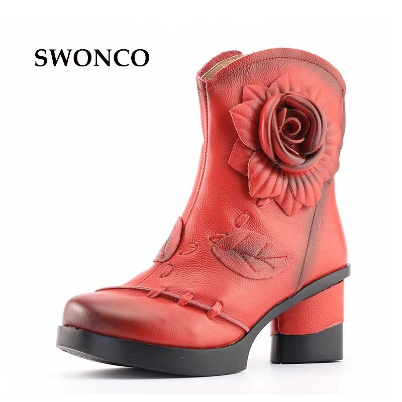 

Women 2017 Autumn Winter Fashion Genuine Leather Handmade Retro Shoes Female Short Boots Comfortable 7cm High Heel Shoes