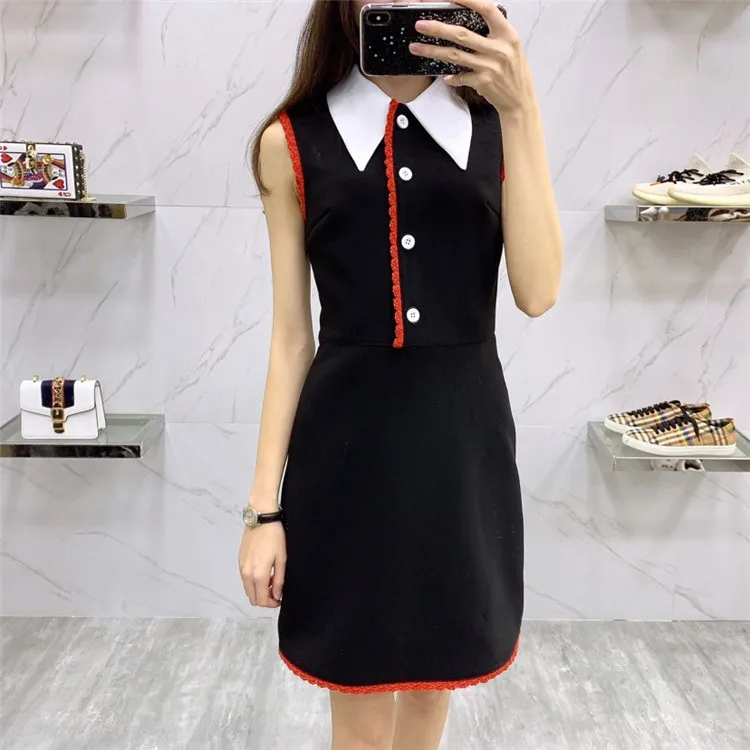 Черное платье свитер для женщин лето 2019 хит цвета воротник Питер Пэн без рукавов
