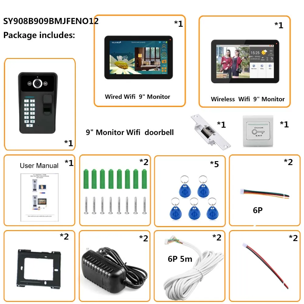 Проводной видеодомофон с одной камерой и двумя мониторами 9 дюймов Wi Fi RFID паролем