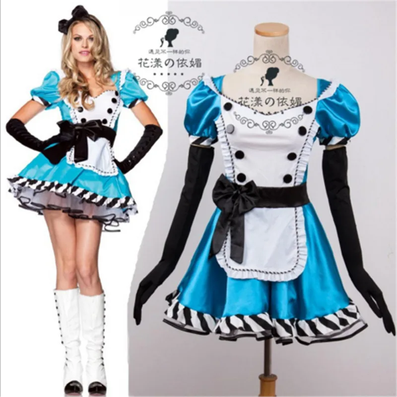 Большие размеры высокого качества синий костюм горничной Алиса в стране чудес