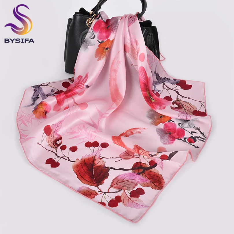 

[BYSIFA] New Scarves 68*68cm Women Brand Luxury Silk Scarf Shawl Fall Pink Peach Blossom Ladies Neck Scarf Hijab Foulard Mujer