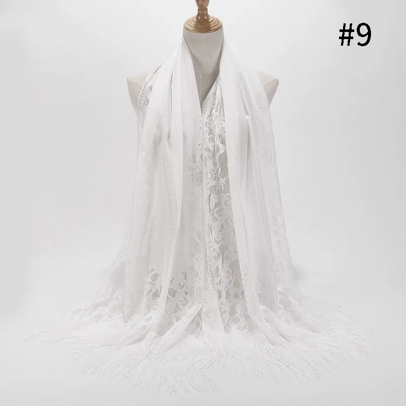 09 White Scarf Sparsil, Женский винтажный платок, полый, кружево, мусульманский хиджаб, повязка на голову с бахромой, 170 см, женский платок для свадебной вечеринки - Цвет: 09 White Scarf