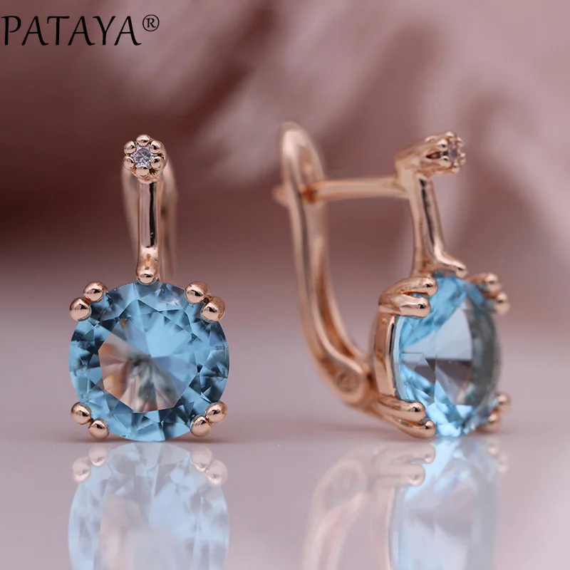 Light Blue Новые Женские Висячие серьги PATAYA, круглые градиентные синие серьги с натуральным цирконием, 585 цвета розового золота, свадебные ювелирные изделия - Окраска металла: Light Blue