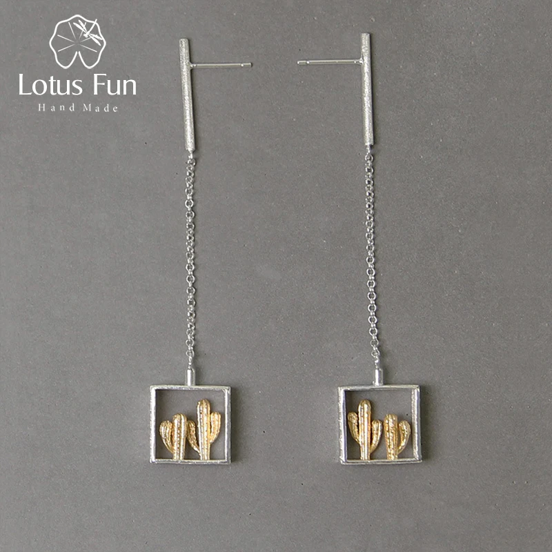 Lotus Fun Настоящее серебро 925 проба ручной работы ювелирные изделия серии пустыни творческие кактус подвесные Сережки для женщин Bijoux