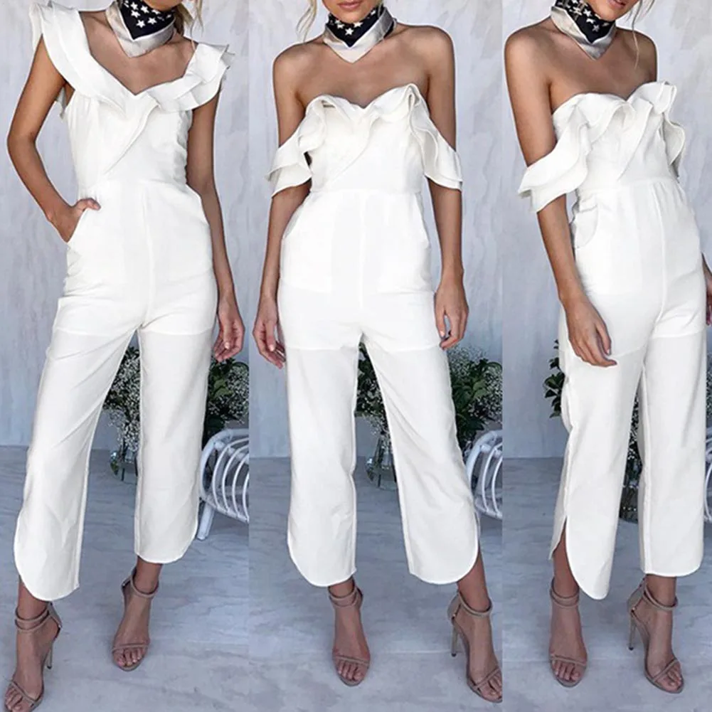 Женский комбинезон с открытой спиной белый повседневный высокой талией и