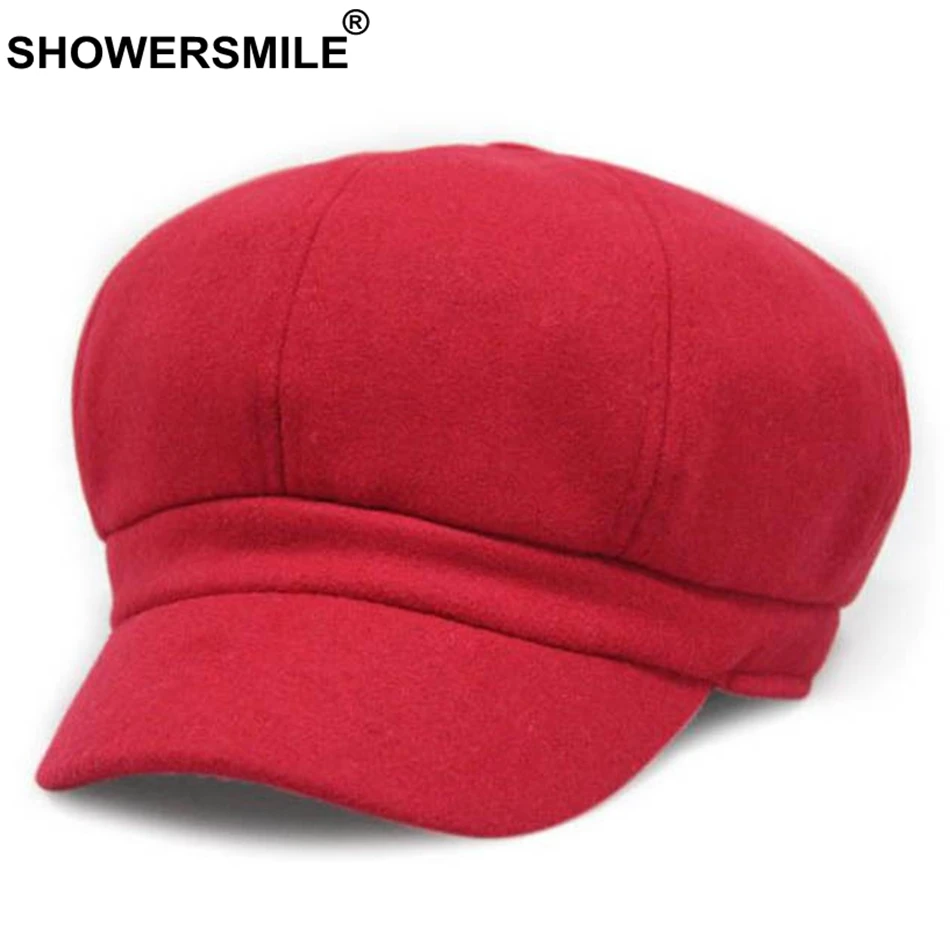 Red Hat SHOWERSMILE, красная Шерстяная кепка Newsboy, женская теплая винтажная восьмиугольная шапка, женская шапка в британском стиле, осенне-зимняя Кепка на плоской подошве, Новинка - Цвет: Red Hat
