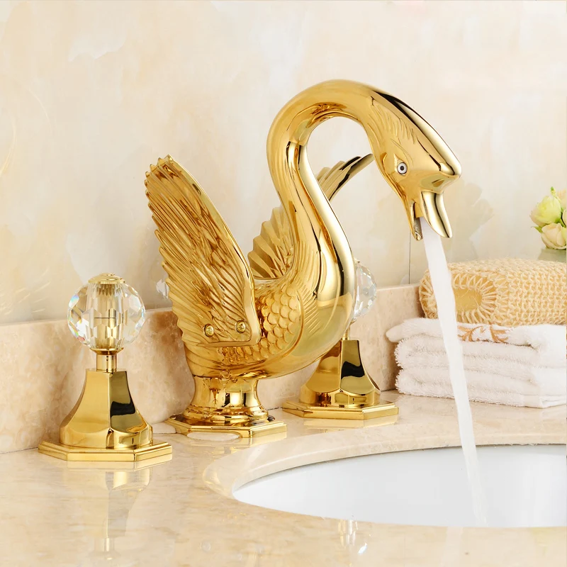 

Basin Faucets Luxury Faucet Gold 3 Hole Bathroom Sink Taps Handles Swan Faucet Golden Ceramic Bathroom Retro Mixer LH-16829