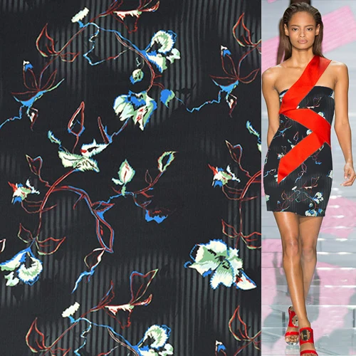 Полосатая и цветочная ткань из чистого шелка похожая на мордочку жоржет SFF146 | Дом