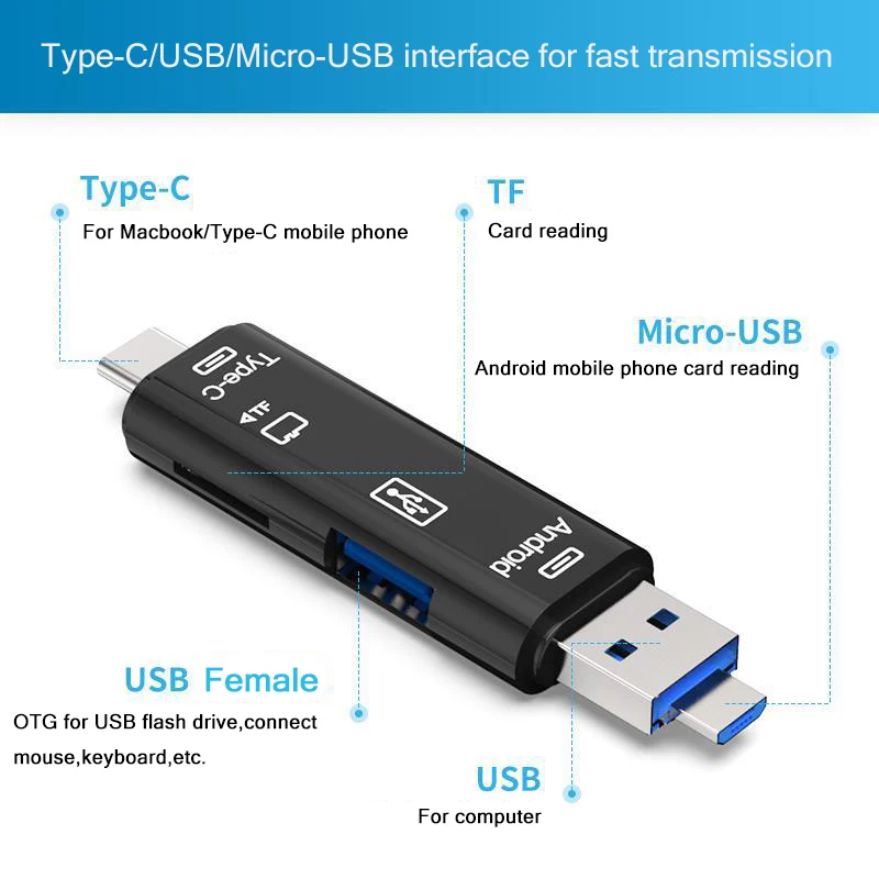 Картридер 5 в 1 Type C Micro USB устройство для чтения карт 2 0 OTG TF SD Xiaomi 6 GALAXY S8 Macbook