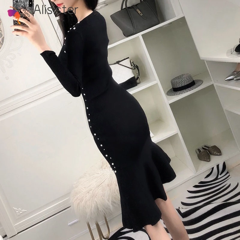 

Elegant Knitted Bodycon Dress Women Diamond Design Long Sleeve Mermaid Dress Korean Style Sexy Party Clubwear Dress Knitwear