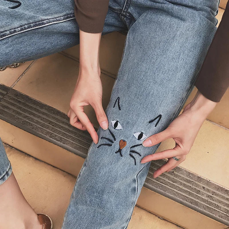 Новый Высокая Талия Кот Джинсы с вышивкой модные синие узкие брюки повседневные