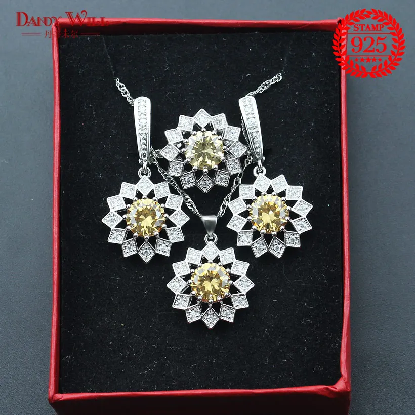 Champagne Zircon Bridal 925 Sterling Silver Jewelry Sets Earrings For Women Wedding Necklaces &amp Pendants Rings Bracelet | Украшения и