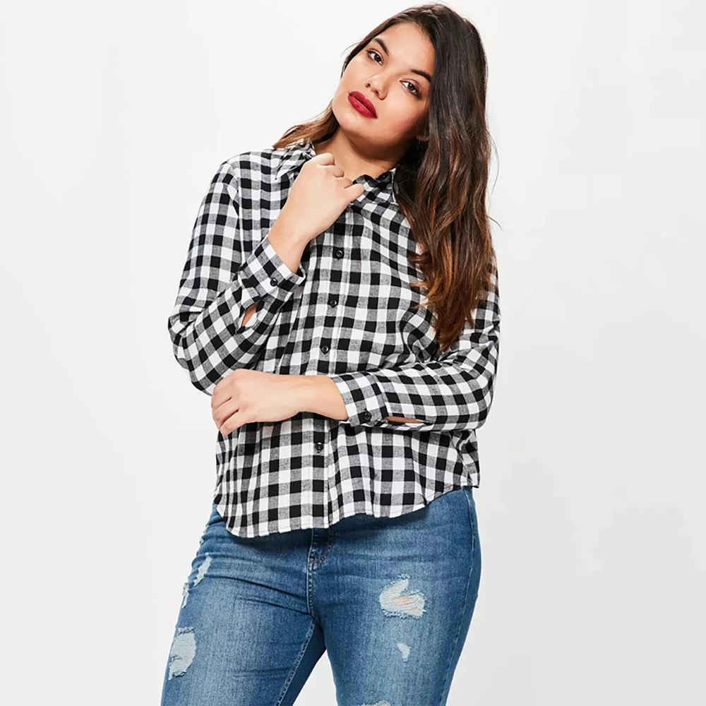 Kissmilk Big Size New Fashion Women Clothing Casual Plaid Loose Blouse OL Style Button Plus 3XL 4XL 5XL 6XL | Женская одежда