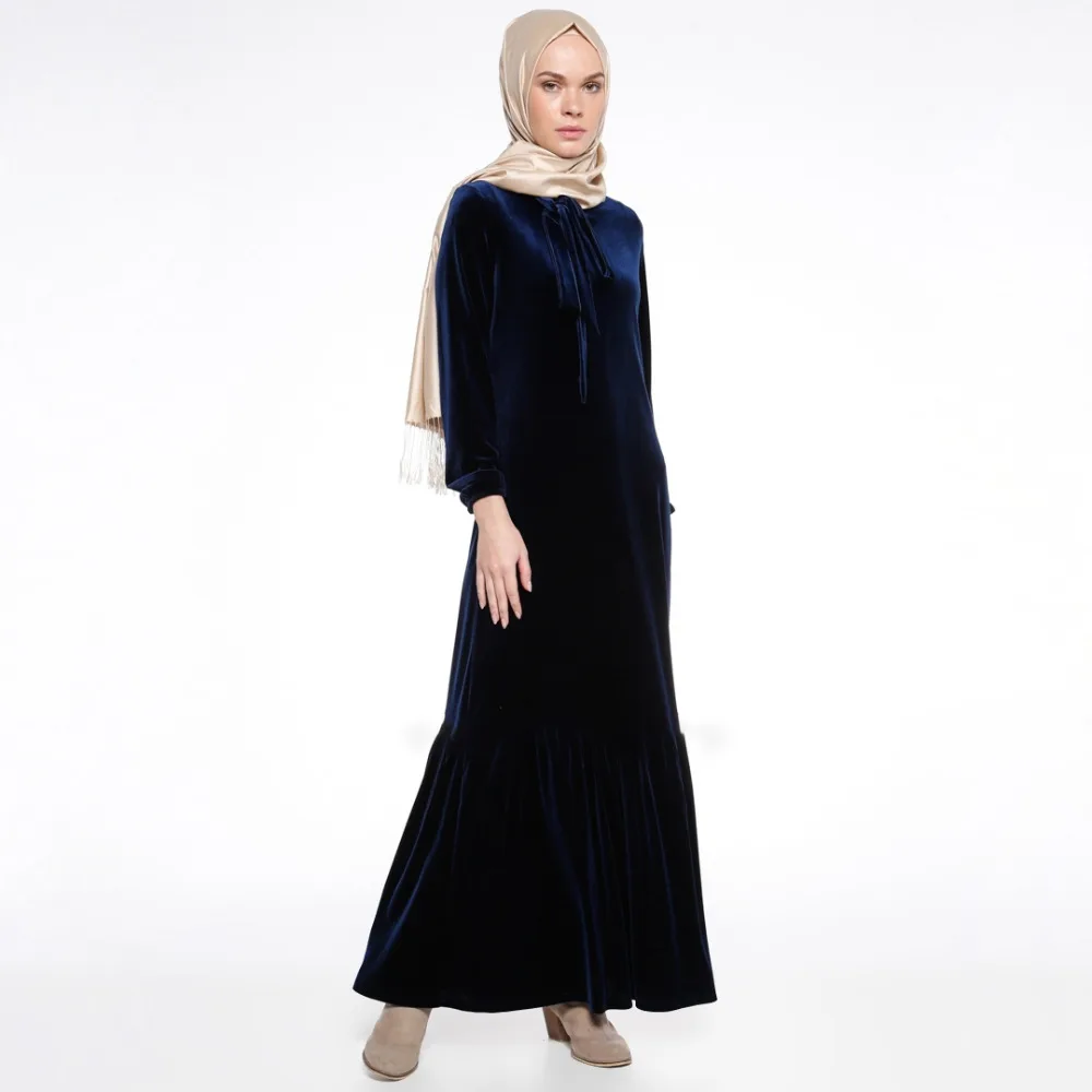 Islamic Clothing Gold Velvet Ribbons Lace Up Muslim Women Mermaid Dress Turkish Robe Abaya Maxi Vestidos With Pocket Arab Caftan |