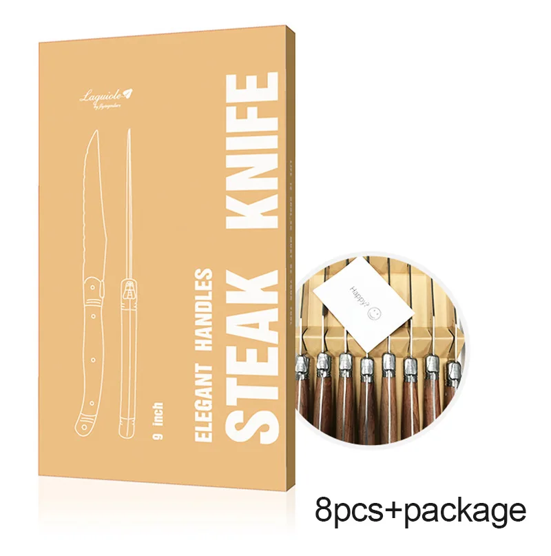 8pcs with package Стиль Laguiole, ножи для стейка, посуда из нержавеющей стали, деревянные столовые приборы, столовый нож с деревянной ручкой, стол, рождественский подарок, столовые приборы 9" - Цвет: 8pcs with package