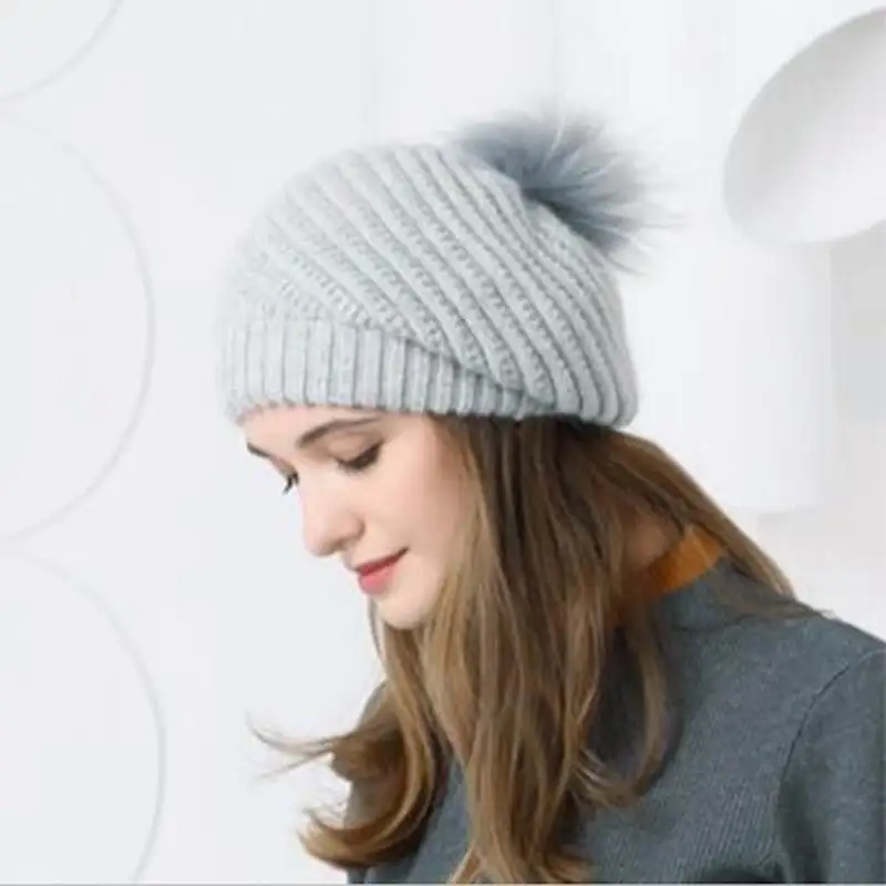 

Keep Warm Winter Hat Beanies Fur Wool Pure Gray Knitted Hat The Female Of The Mink Caps Beanies Hats For Women Girl 'S Cap