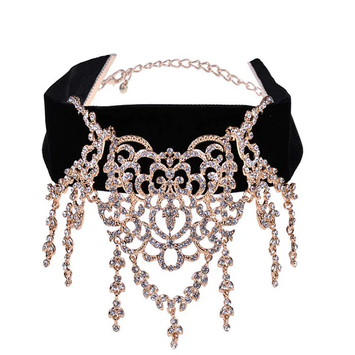 Золотой цвет Gold Silver Rhinestone Tassels Chokers Necklace Romantic Women Maxi Statement Necklace With Velvet Fashion Jewelry Gift For Lady - Окраска металла: Золотой цвет