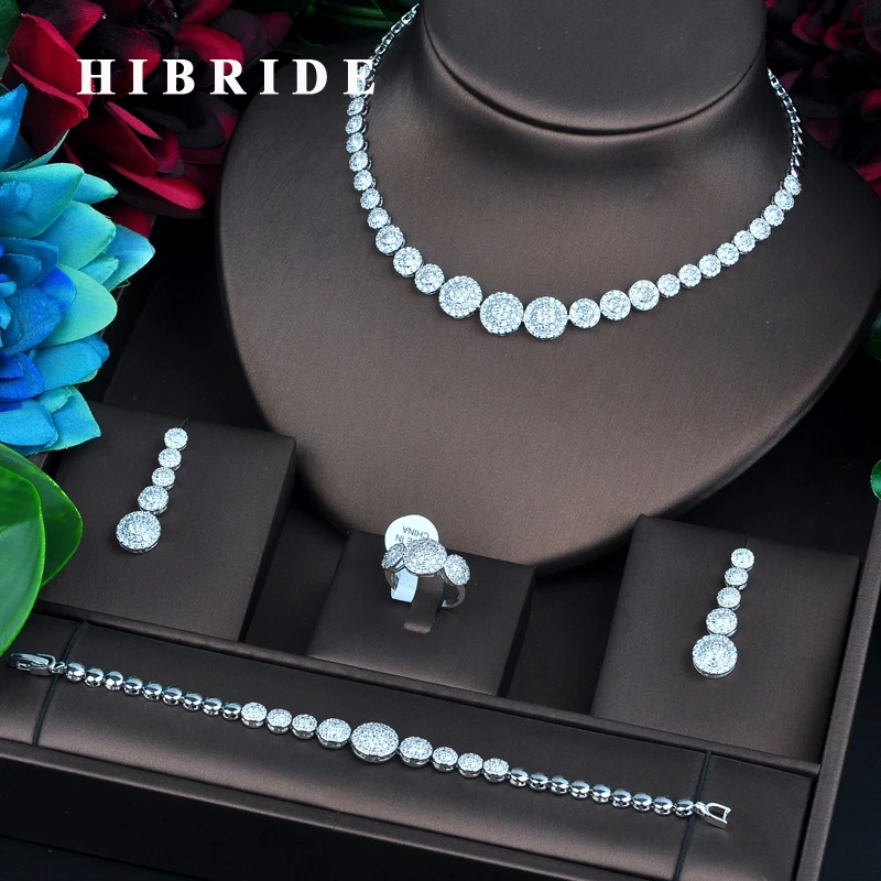 HIBRIDE новые круглые микро CZ паве Модные Ювелирные наборы для женщин ожерелье серьги ювелирные изделия аксессуары Подарки для вечеринок